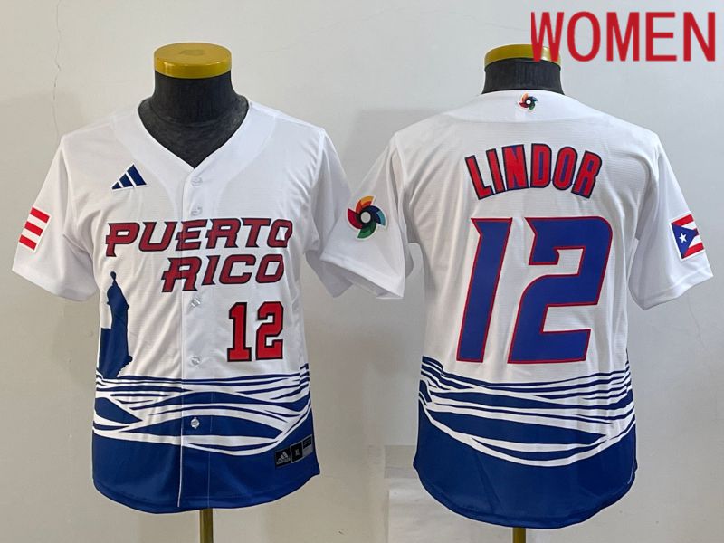 Women 2023 World Cub #12 Lindor White MLB Jersey5